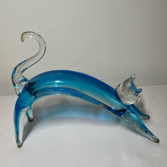 MURANO GLASS Blue Stretching Cat Figurine. - Picture 3 of 6